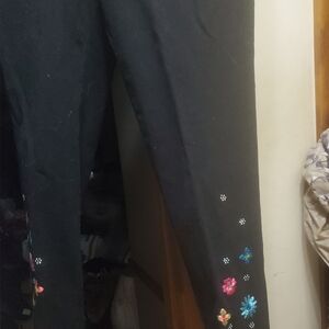 Black Denim Pants with Colorful Floral Embroidery